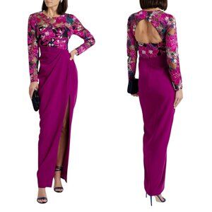 MARCHESA NOTTE Dress Size 8 Fuchsia Cutout Embroidered Tulle Crepe Maxi Gown